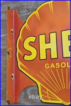 Large Vintage Shell Gasoline Double-sided Porcelain Flange Sign 17 X 17