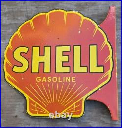 Large Vintage Shell Gasoline Double-sided Porcelain Flange Sign 17 X 17