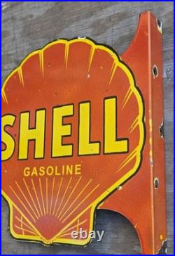 Large Vintage Shell Gasoline Double-sided Porcelain Flange Sign 17 X 17