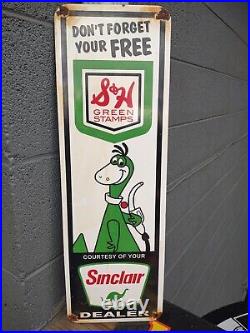 Large Vintage Sinclair S & H Green Stamps Dino Gasoline Porcelain Gas Sign