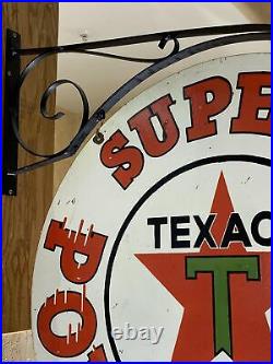 Large Vintage''texaco'' Double Sided 30 Inch Porcelain Sign With Bracket Nice