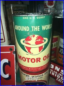Nice Around The World Graphic Motor Oil Can Qt Gas Sign Old Vintage Original