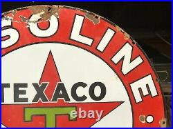ORIGINAL Vintage 42 TEXACO GASOLINE MOTOR OIL Sign PORCELAIN Garage Mancave OLD