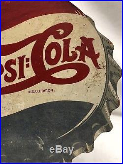 Old Vintage 1940s Pepsi Cola Masonite Soda Pop Bottle Cap 2 Sided Flange Sign