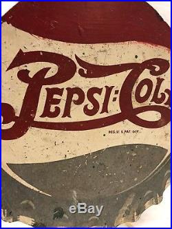 Old Vintage 1940s Pepsi Cola Masonite Soda Pop Bottle Cap 2 Sided Flange Sign