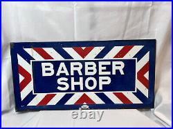 Original Barber Shop Sign Vtg Double Sided Porcelain Flange Red White & Blue