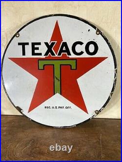 Original Large Vintage Texaco 15 Inch Heavy Gas & Oil Porcelain Dealer Sign