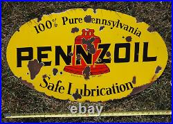 Original PENNZOIL Porcelain Sign Double Sided Vintage Gas Oil