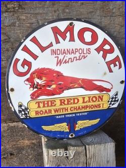 Original Vintage 1952 Gilmore Red Lion Champions Porcelain Gas Oil Sign