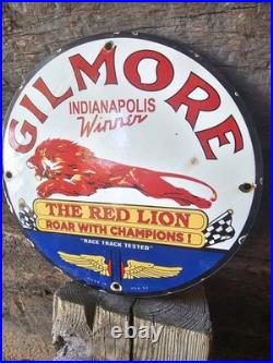 Original Vintage 1952 Gilmore Red Lion Champions Porcelain Gas Oil Sign