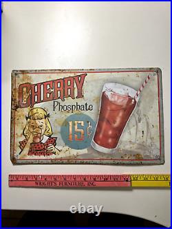 Original Vintage Antique Drink Beverages Cherry Phosphate Soda Tin Sign