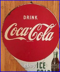 Original Vintage Double Sided Metal Coke Coca-Cola Sign Ice Cold