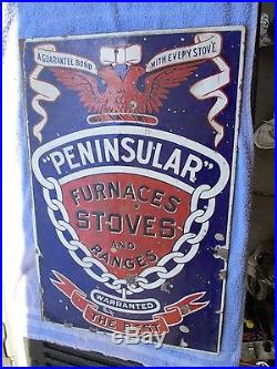 Original Vintage Porcelain Enamel Peninsular Stove Furnaces Dealer Flange Sign