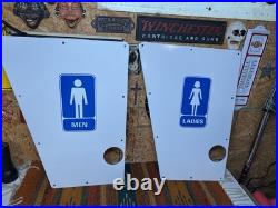 Original Vintage Porcelain Sign Restroom Ladies Men Door Knob NOS Double Sided