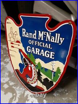 Original Vintage Rand McNally Official Garage Sign Porcelain Indian Horse Camp