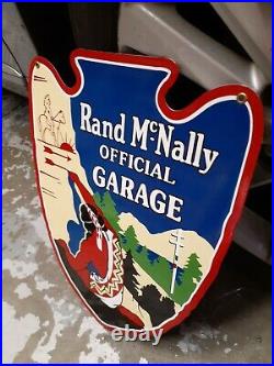 Original Vintage Rand McNally Official Garage Sign Porcelain Indian Horse Camp