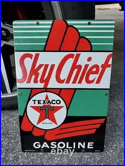 Original Vintage Sky Chief Gasoline Sign Metal Porcelain Texaco Pump Plate RARE