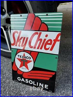 Original Vintage Sky Chief Gasoline Sign Metal Porcelain Texaco Pump Plate RARE