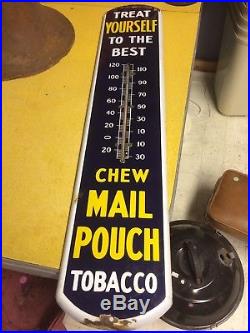 Porcelain Advertising Antique Vintage Thermometer Sign Chew Mail Pouch Tobacco