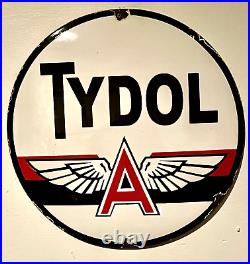 RARE VINTAGE c. 1950's TYDOL FLYING A GAS & OIL PORCELAIN SIGN PETROLIANA 20D