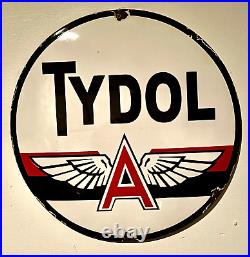 RARE VINTAGE c. 1950's TYDOL FLYING A GAS & OIL PORCELAIN SIGN PETROLIANA 20D