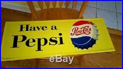 RARE Vintage Original 1960s PEPSI COLA Embossed Metal Soda Advertising Sign