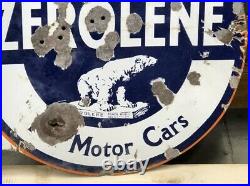 Rare EARLY Vintage ZEROLENE Flange SIGN PORCELAIN GAS Standard OIL Motor Cars