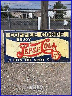 Rare! Vintage 1930s Embossed Pepsi Cola Advertising Sign. Coffee Coope Huge
