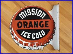 Rare Vintage 1940s Mission Orange Double Sided Flange Soda Pop Advertising Sign