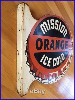 Rare Vintage 1940s Mission Orange Double Sided Flange Soda Pop Advertising Sign