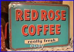 Rare! Vintage 1956 Red Rose Coffee Sign 27.5 x 19 Embossed Metal Great Color