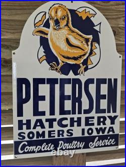 Rare Vintage Petersen Hatchery, Somers Iowa 24x 17 Porcelain Sign Super Nice