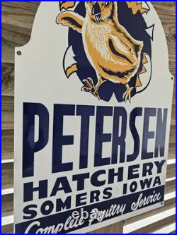 Rare Vintage Petersen Hatchery, Somers Iowa 24x 17 Porcelain Sign Super Nice