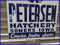 Rare Vintage Petersen Hatchery, Somers Iowa 24x 17 Porcelain Sign Super Nice