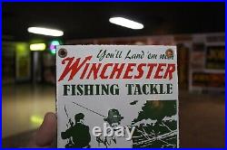 Rare Winchester Fishing Tackle Dealer Porcelain Metal Sign Fish Boat Marine Gas