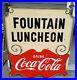 Rare-vintage-Drink-Coca-Cola-FOUNTAIN-LUNCHEON-porcelain-double-sided-Sign-01-wbyd