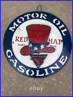 Red Hat Gas Motor Oil Vintage Mechanic Round Metal Tin Sign, 24