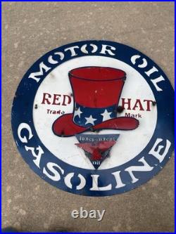 Red Hat Gas Motor Oil Vintage Mechanic Round Metal Tin Sign, 24