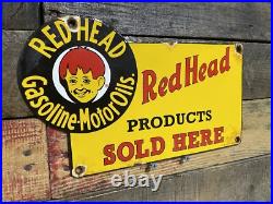Redhead Vintage Porcelain Sign Gas Station & Motor Oil Advertising Pump Plate Redhead Vintage Porcelain Sign Gas Station & Motor Oil Advertising Pump Plate