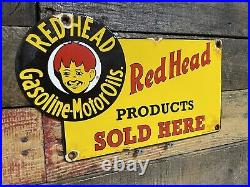 Redhead Vintage Porcelain Sign Gas Station & Motor Oil Advertising Pump Plate Redhead Vintage Porcelain Sign Gas Station & Motor Oil Advertising Pump Plate