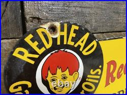 Redhead Vintage Porcelain Sign Gas Station & Motor Oil Advertising Pump Plate Redhead Vintage Porcelain Sign Gas Station & Motor Oil Advertising Pump Plate