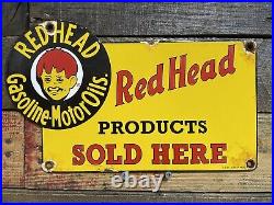 Redhead Vintage Porcelain Sign Gas Station & Motor Oil Advertising Pump Plate Redhead Vintage Porcelain Sign Gas Station & Motor Oil Advertising Pump Plate