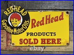 Redhead Vintage Porcelain Sign Gas Station & Motor Oil Advertising Pump Plate Redhead Vintage Porcelain Sign Gas Station & Motor Oil Advertising Pump Plate