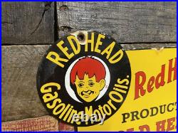 Redhead Vintage Porcelain Sign Gas Station & Motor Oil Advertising Pump Plate Redhead Vintage Porcelain Sign Gas Station & Motor Oil Advertising Pump Plate