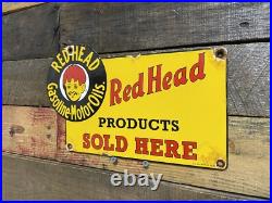 Redhead Vintage Porcelain Sign Gas Station & Motor Oil Advertising Pump Plate Redhead Vintage Porcelain Sign Gas Station & Motor Oil Advertising Pump Plate