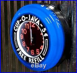 Retro Diner Wall Clock Vintage Style Advertising Electric Blue Lighted 14 Diam