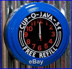 Retro Diner Wall Clock Vintage Style Advertising Electric Blue Lighted 14 Diam