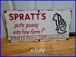 Spratt's Cat Food, with cat image. Antique enamel shop sign