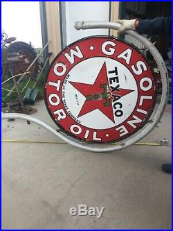 TEXACO 1930s Gasoline Motor Oil Station 2 Sided Porcelain Sign 42 Pole Vintage