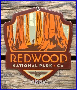 VINTAGE 12x11 REDWOOD NATIONAL PARK CA PORCELAIN GASOLINE OIL PUMP STATION SIGN